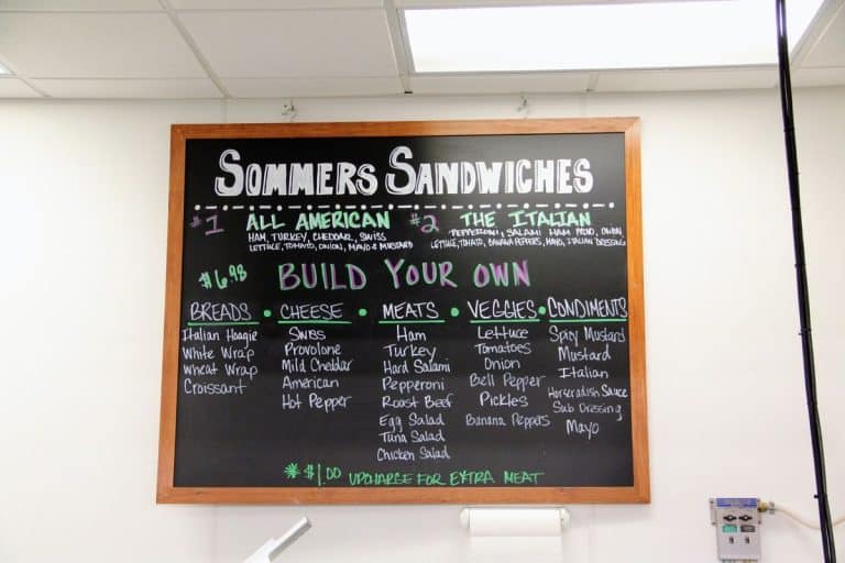 Sommers sandwich wall sign that lists different meats and cheese